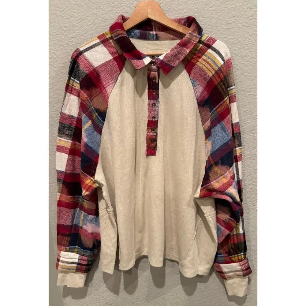 NEW FREE PEOPLE Isabelle Plaid Trim Thermal Henley In Mink Combo Size Large